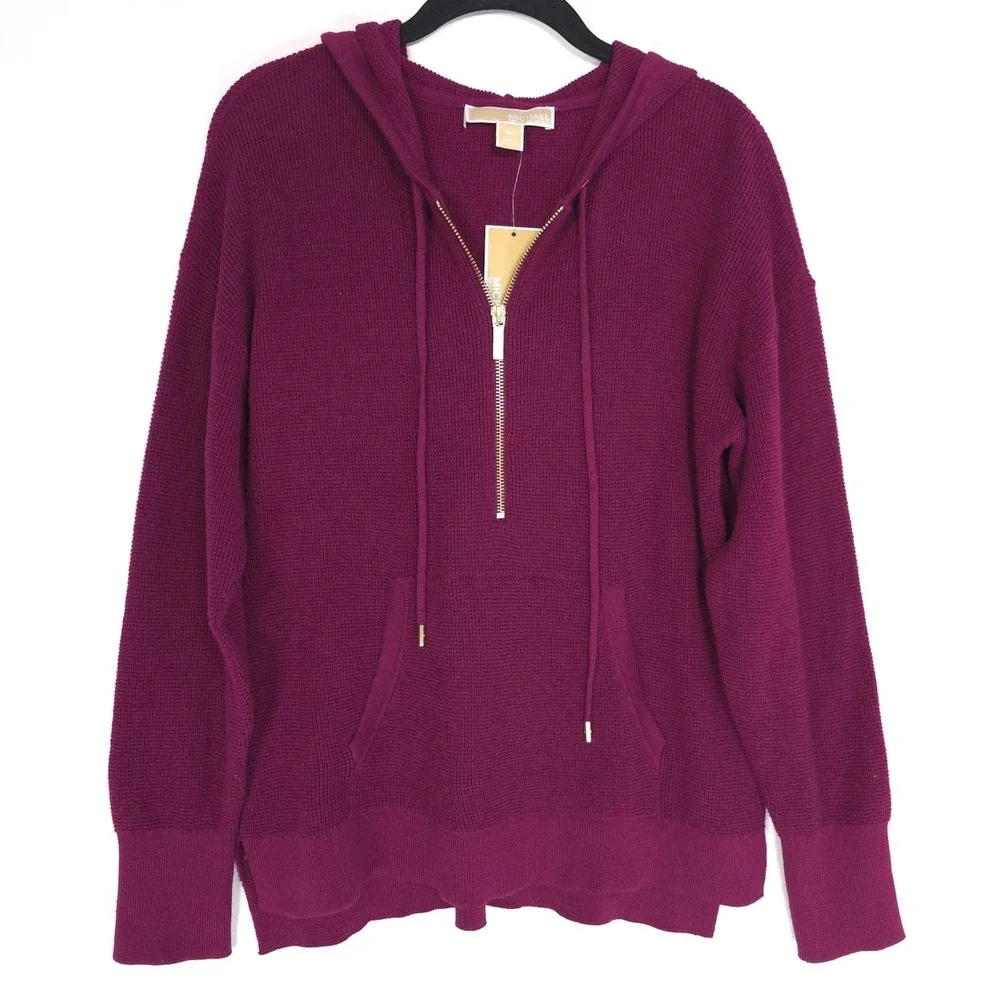MICHAEL KORS Women's New Sweater SMALL Burgundy Hoodie Waffle Knit QF561C6AP6